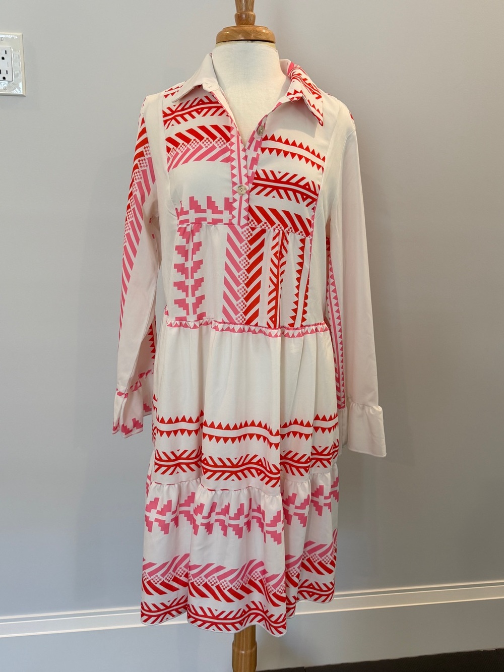 SHEIN Size L White Long Sleeve Dress with Pink & Red Geometric Print